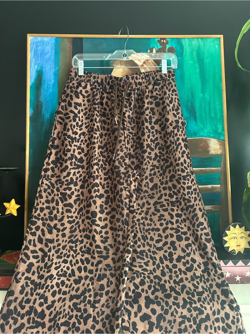 Leopard Print Wide Leg Palazzo Pants Elastic Waist Lounge Boho Women’s Large - Picture 14 of 15